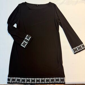 Tiana B Black Shift Dress Large Embellished Hem & Cuff Long Sleeve Dress Statmen